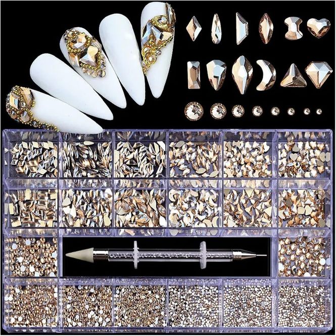 Hovedbilde Negledekor – Champagnegull rhinestones i ulike former