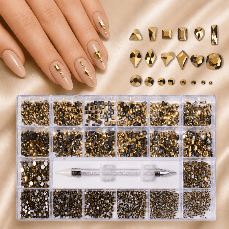 Negledekor – Gullfargede Rhinestones med Applikatorverktøy